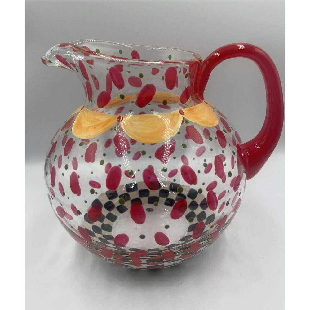 Hand Painted Art Glass Pitcher Water Juice Red Black Designs‎ 8.5” Tall Signed